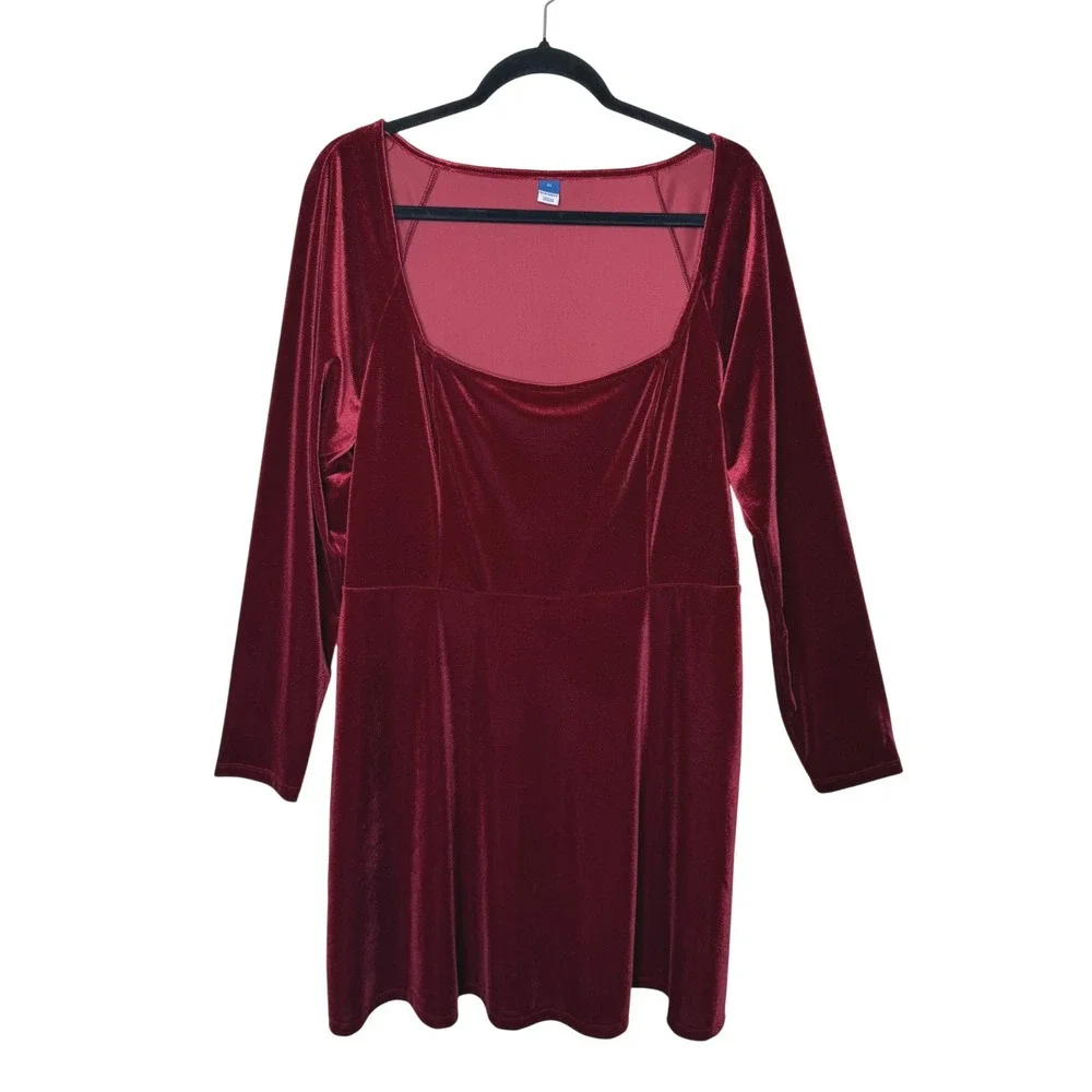 Old‎ Navy Red Velvet Mini Dress XL Fit Flare Square Neck Goth Whimsigoth